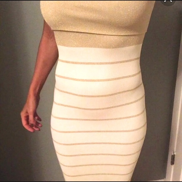 Bebe New Strapless Fold Over Metallic Gold and Cream Knit Dress New with Tags - Picture 2 of 6